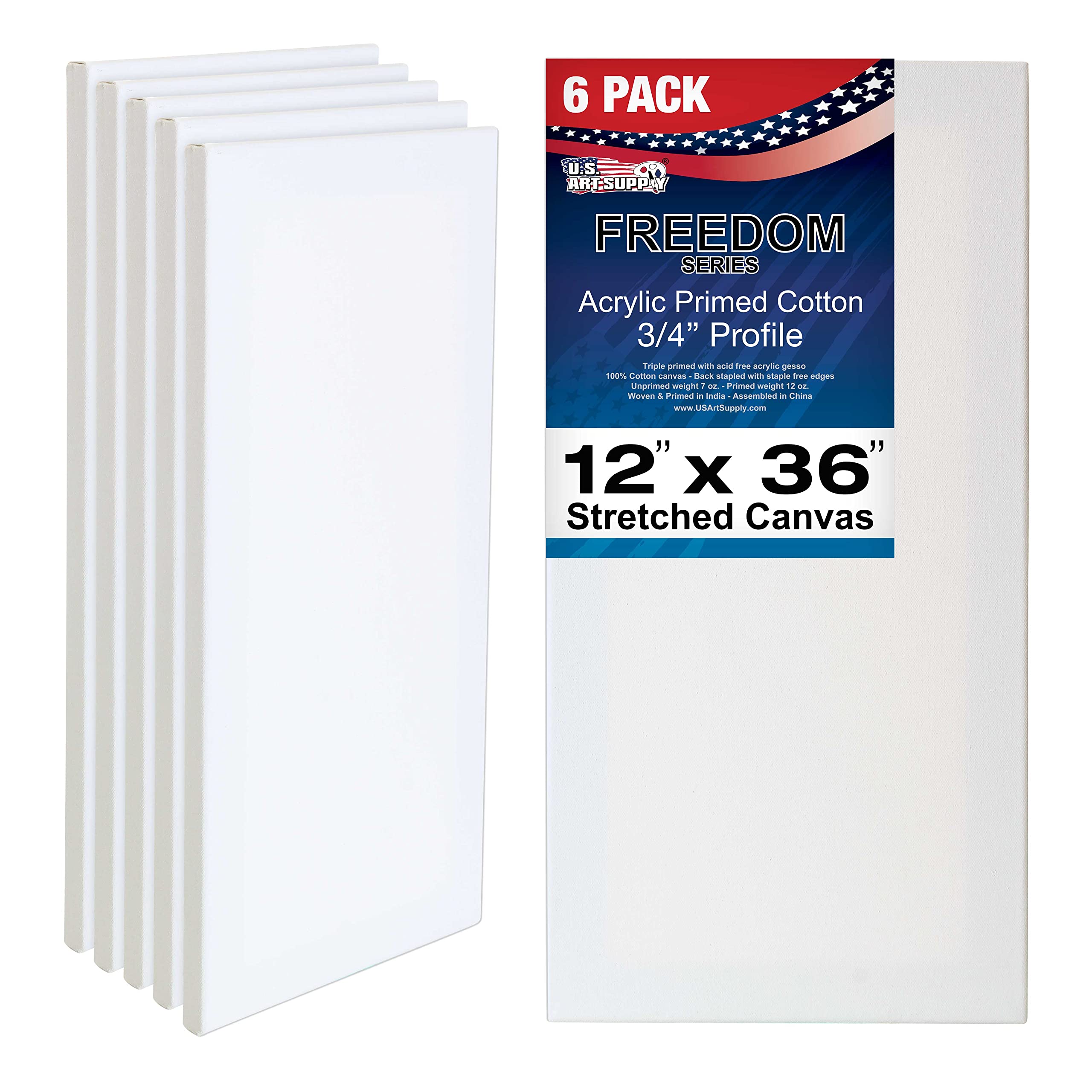 U.S. Art Supply 12 x 36 inch Stretched Canvas 12-Ounce Triple Primed, 6-Pack - Professional Artist Quality White Blank 3/4" Profile, 100% Cotton, Heavy-Weight Gesso - Acrylic Pouring, Oil Painting