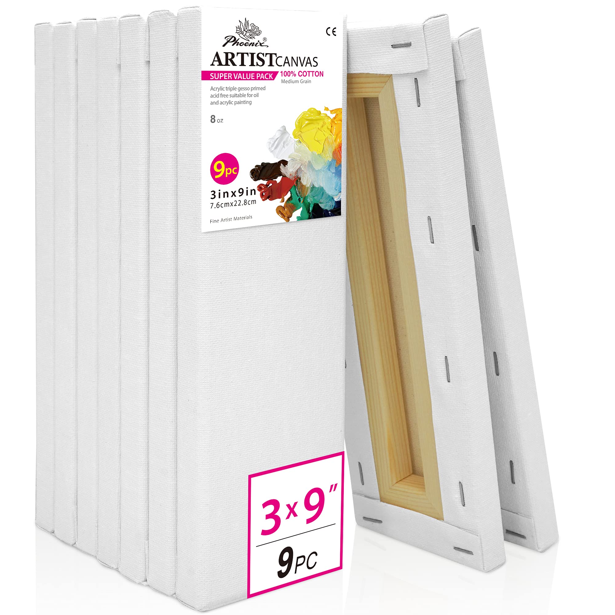 PHOENIX Skinny Stretched Canvas for Painting 3x9 Inch/9 Value Pack, 8 Oz Triple Primed, 5/8 Inch Profile, 100% Cotton White Blank Canvas, Rectangular Framed Canvas for Oil Acrylic & Pouring Art