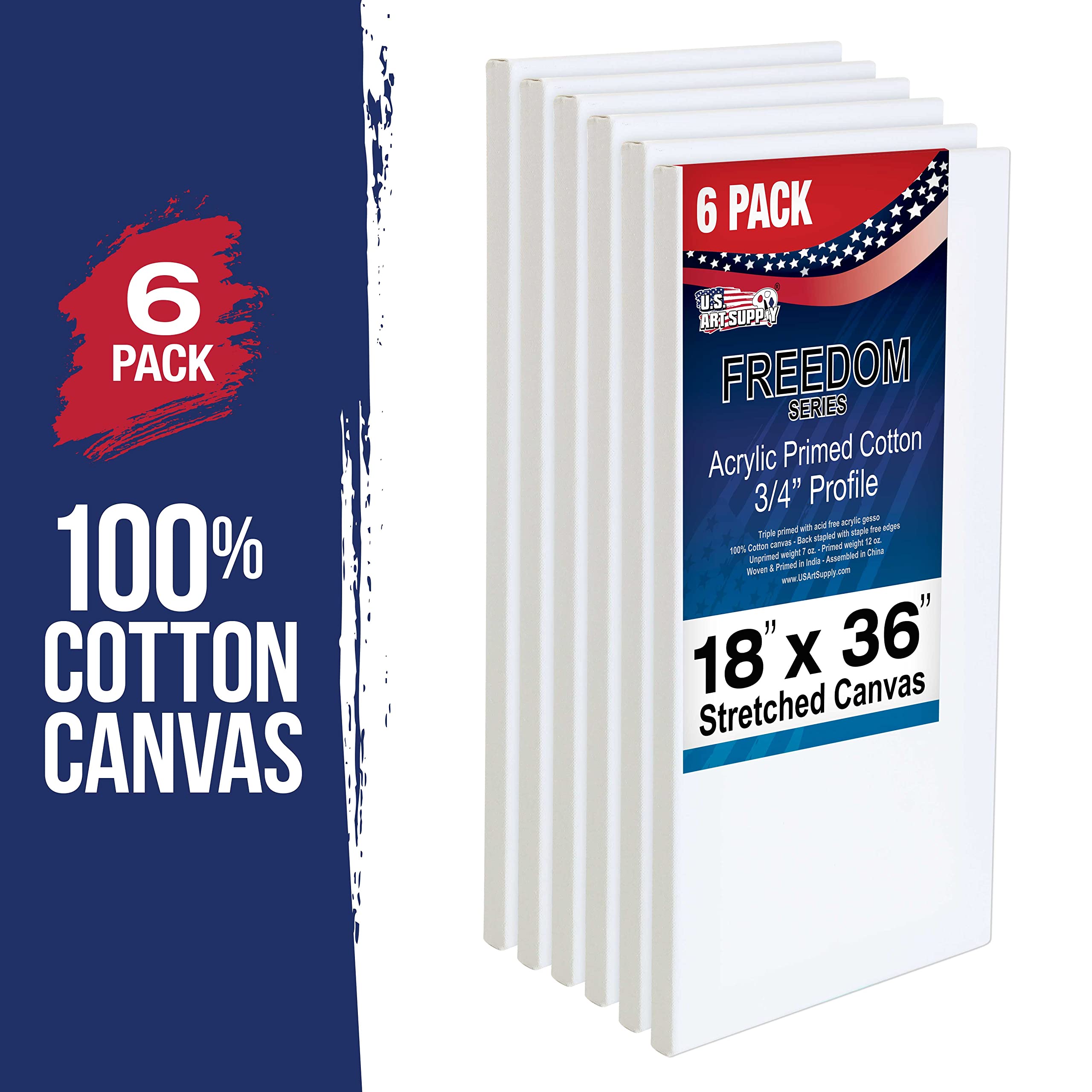 U.S. Art Supply 18 x 36 inch Stretched Canvas 12-Ounce Triple Primed, 6-Pack - Professional Artist Quality White Blank 3/4" Profile, 100% Cotton, Heavy-Weight Gesso - Acrylic Pouring, Oil Painting