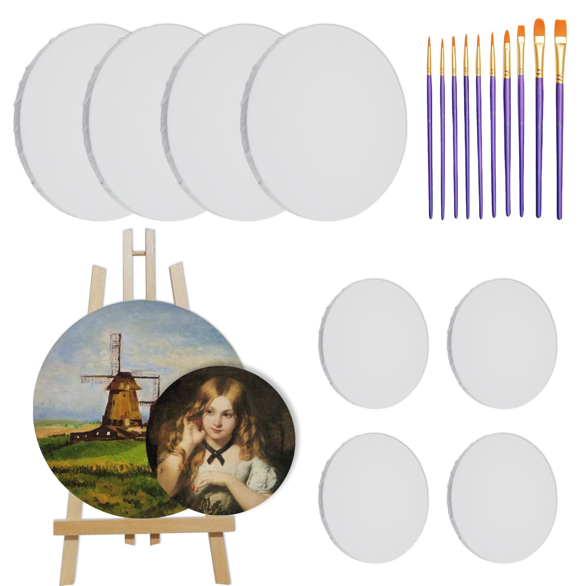 Round Canvas, 8 Pack Circle Canvases for Painting, Pre Stretched Round Canvases, Circle Art Canvases Panels for Acrylic Painting, Pouring, Oil Paint - Included 4pcs 12x12'', 4pcs 8x8'' Round Canvases