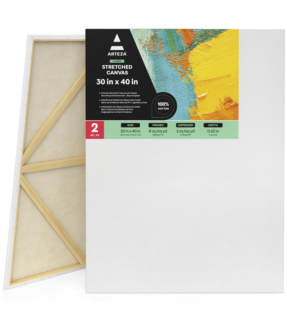 ARTEZA Stretched Canvas, 30 x 40 Inches, Pack of 2, Blank White Large Canvas for Painting for Acrylic, Oil and Gouache Paints