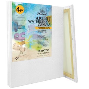 phoenix watercolor stretched canvases, 16x20 inch/4 pack - 8 oz, 3/4 inch profile, 100% cotton triple primed white blank canvases for watercolor, acrylic, gouache, tempera, crafts & pouring art
