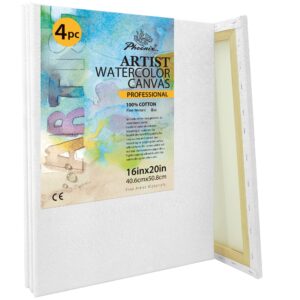 PHOENIX Watercolor Stretched Canvases, 16x20 Inch/4 Pack - 8 Oz, 3/4 Inch Profile, 100% Cotton Triple Primed White Blank Canvases for Watercolor, Acrylic, Gouache, Tempera, Crafts & Pouring Art