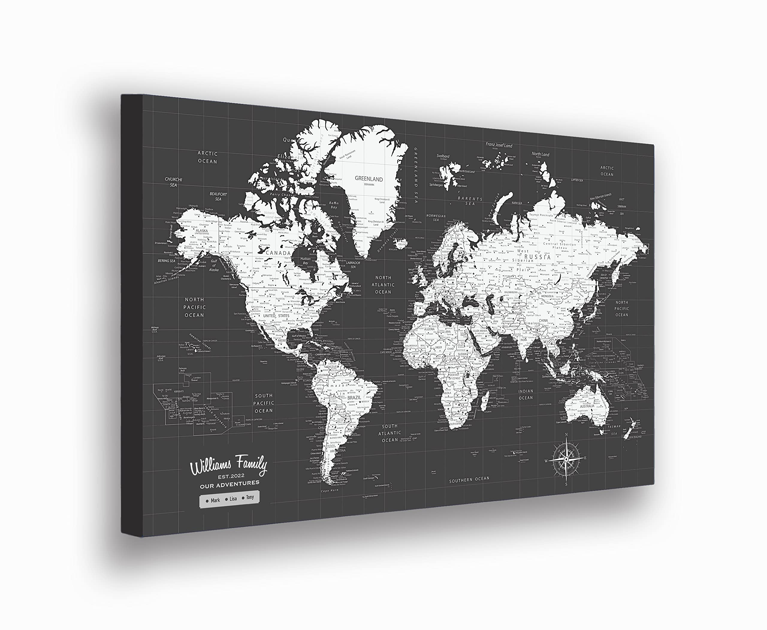 World Map -Push Pin Canvas, Personalized (Canvas 36x24x1.75)