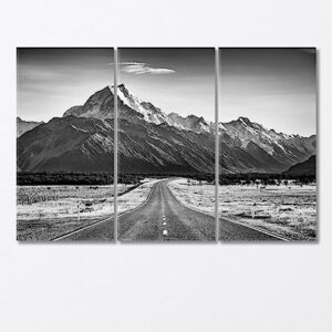 Road Leading Towards a Large Snow Capped Mountain Canvas Print 3 Panels / 36x24 inches