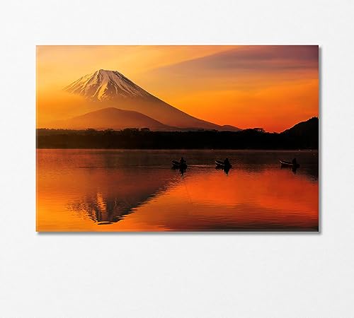 Silhouette of Three Fishermen on Boats on Shoji lake Japan Canvas Print 1 Panel / 36x24 inches