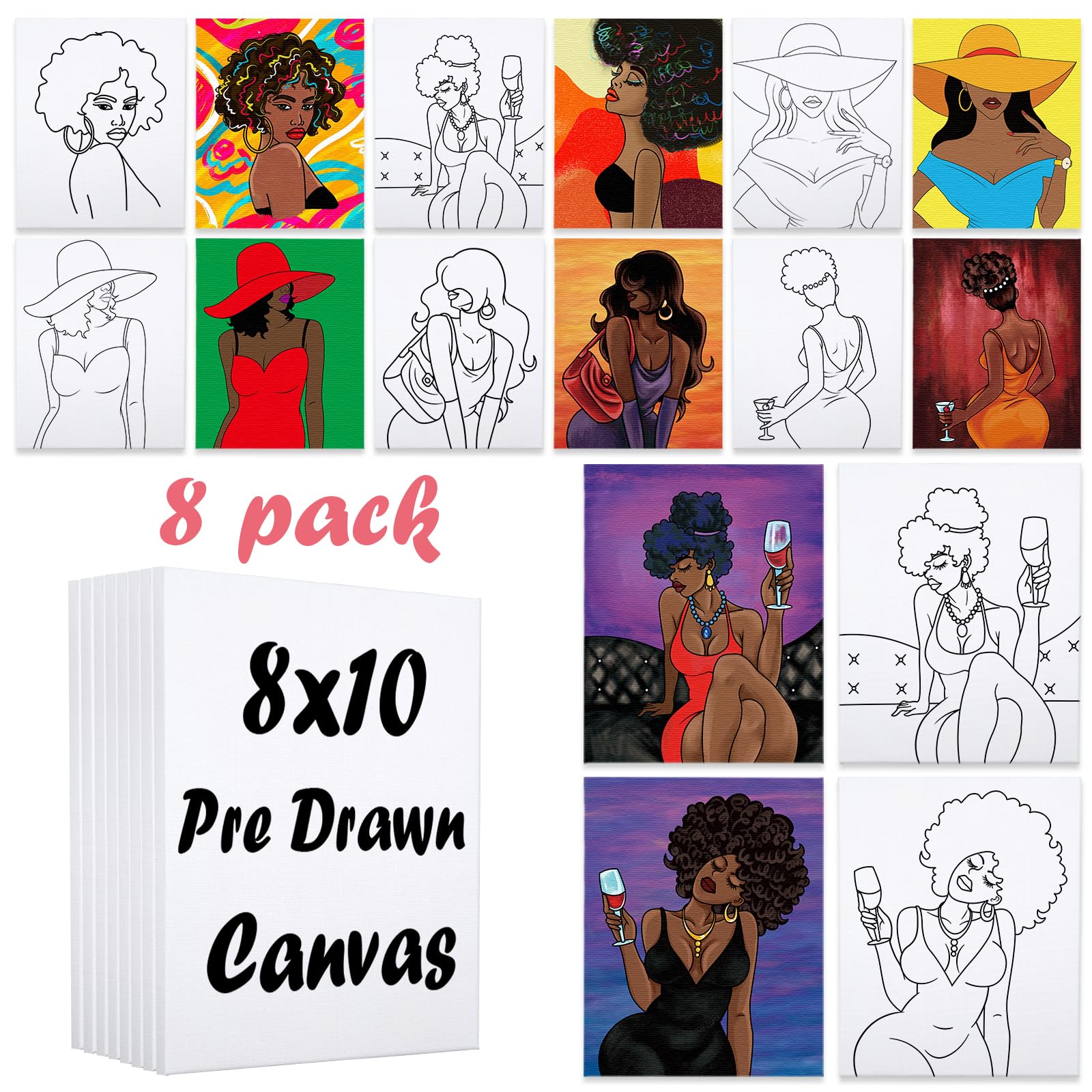 VOCHIC 8 Pack Canvas Painting Kits for Adults - 8x10 Pre-Drawn Stretched Canvases for Sip and Paint Parties - Painting Supplies for Beginner Artists