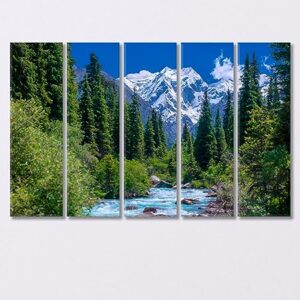 Spruce Forest near a Stormy River and Snowy Mountains Kyrgyzstan Canvas Print 3 Panels / 36x24 inches