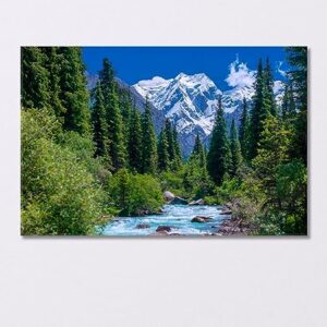 Spruce Forest near a Stormy River and Snowy Mountains Kyrgyzstan Canvas Print 3 Panels / 36x24 inches