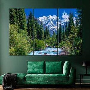 Spruce Forest near a Stormy River and Snowy Mountains Kyrgyzstan Canvas Print 3 Panels / 36x24 inches