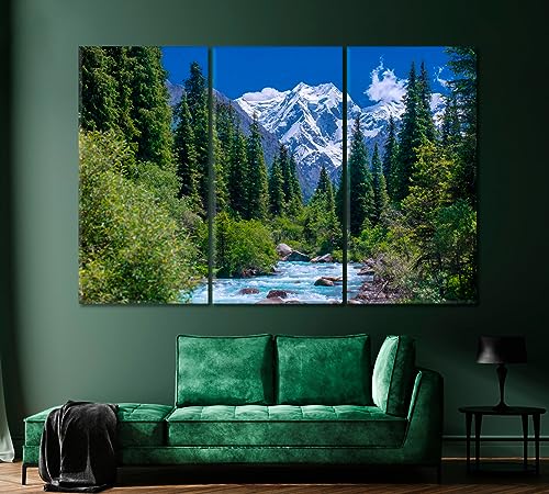 Spruce Forest near a Stormy River and Snowy Mountains Kyrgyzstan Canvas Print 3 Panels / 36x24 inches