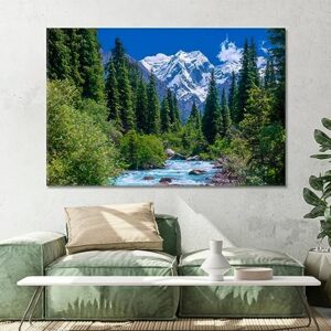 Spruce Forest near a Stormy River and Snowy Mountains Kyrgyzstan Canvas Print 3 Panels / 36x24 inches