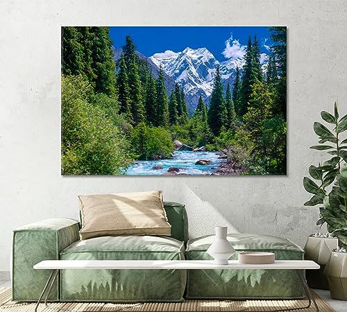 Spruce Forest near a Stormy River and Snowy Mountains Kyrgyzstan Canvas Print 3 Panels / 36x24 inches