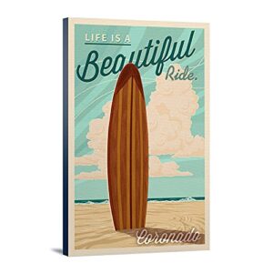 Coronado, California, Surfboard Letterpress, Life is a Beautiful Ride, (24x36 Wrapped Canvas, Wall Decor, Artwork)