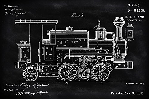 Lantern Press Blackboard Patent, Locomotive, (24x36 Wrapped Canvas, Wall Decor, Artwork)