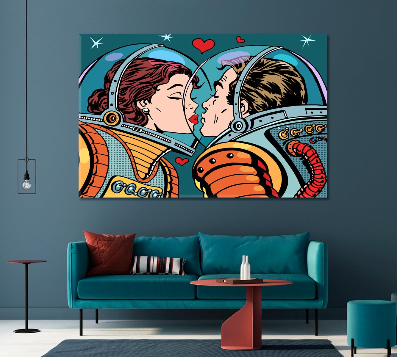 Astronauts Kiss in Space Canvas Print 3 Panels / 36x24 inches