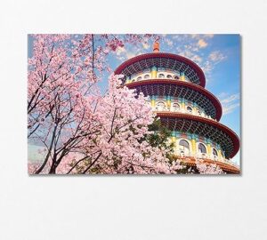 tianyuan temple with sakura blossom taiwan canvas print 1 panel / 36x24 inches