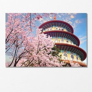 Tianyuan Temple with Sakura Blossom Taiwan Canvas Print 1 Panel / 36x24 inches