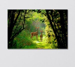 white tailed deer with a fawn in the forest canvas print 1 panel / 36x24 inches