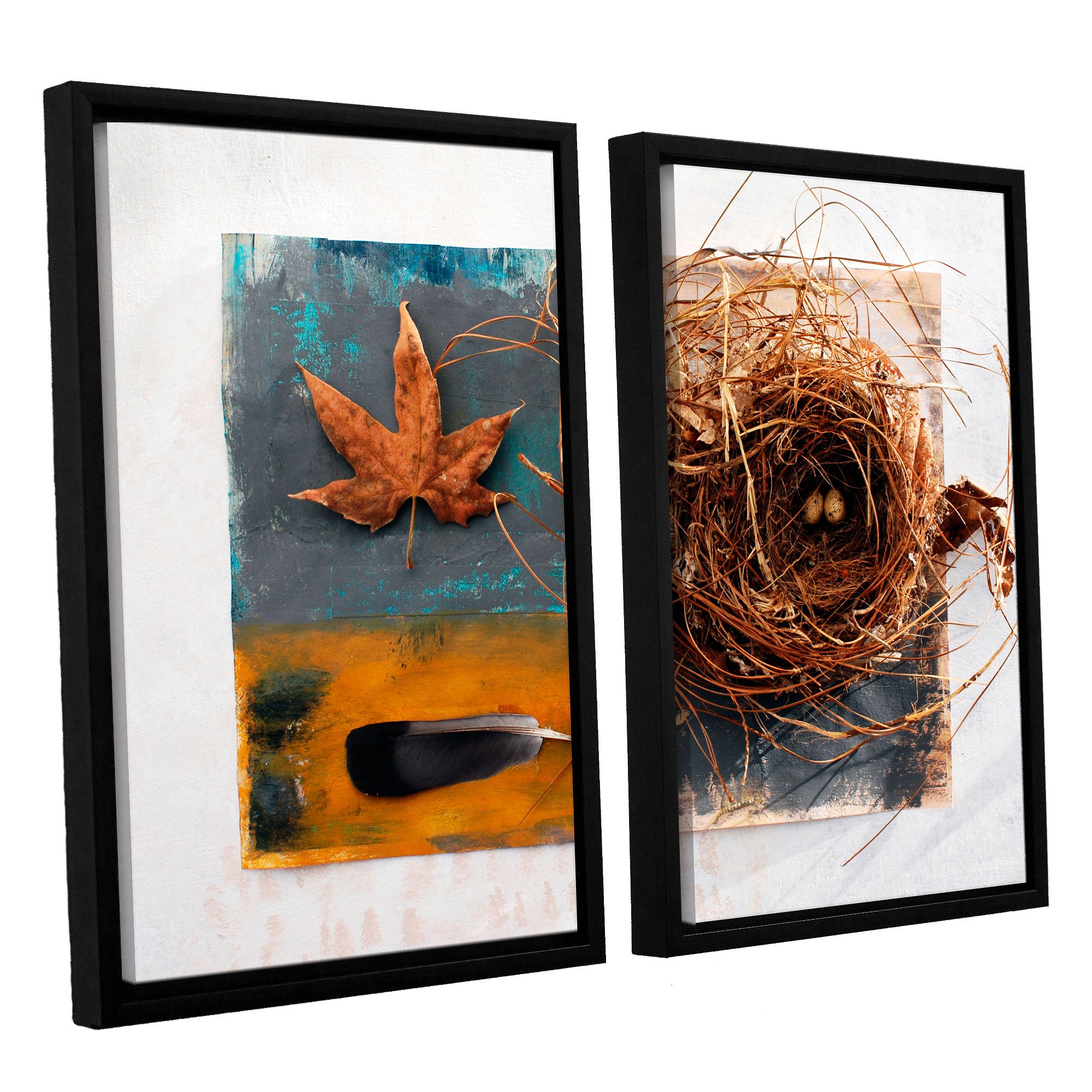 ArtWall 2 Piece Elana Ray's Nest with Eggs Feather & Sycamore Leaf Floater Framed Canvas, 24 x 36", Multicolor