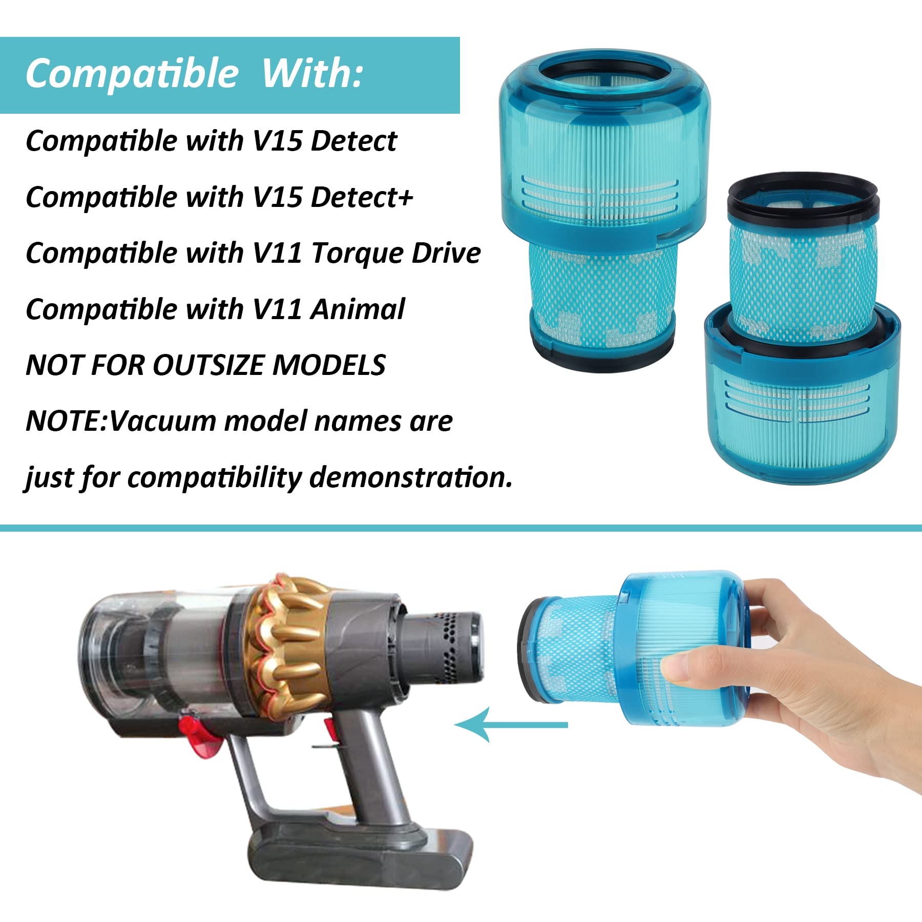 Filter Replacements for Dyson V15 Filters Compatible with Dyson V15 Detect,Detect+,V11 Torque Drive,V11 Animal Vacuum Cleaner,Blue,2-Pack