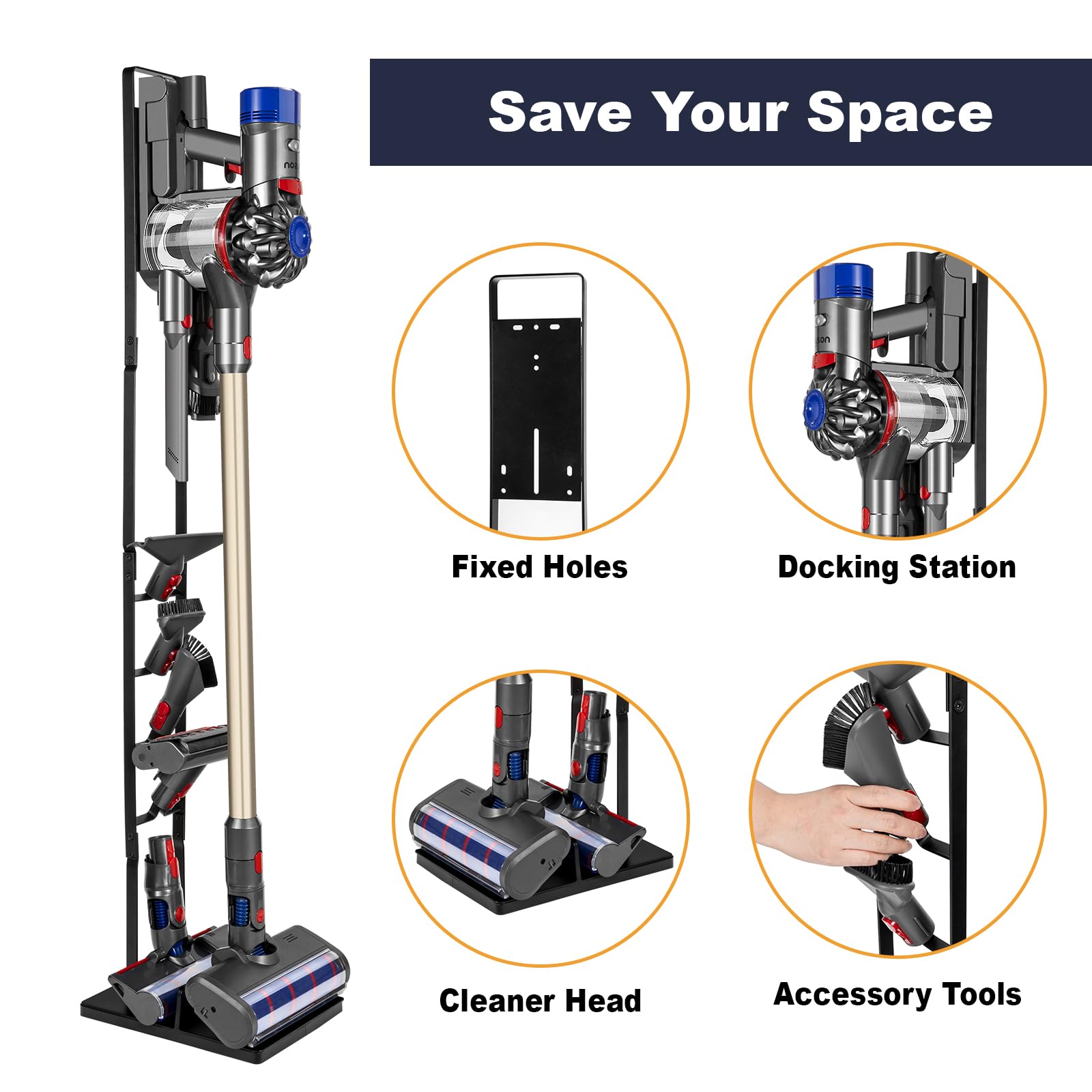 Amatic Vacuum Stand, Stable Metal Storage Bracket Holder, Compatible for Dyson V15 V12 V11 V10 V8 V7 V6 Handheld Cordless Vacuum Cleaners and Accessories, No-Drilling Standing Docking Station(Black)