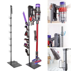 360Tronics Storage Stand Holder Fit for Dyson V15 Detect V11 V10 V8 V7 V6 Cordless Vacuum Cleaners and Accessary, Stable Floor Docking Station Full Metal Organizer Bracket with 6 Hooks (Silver Grey)