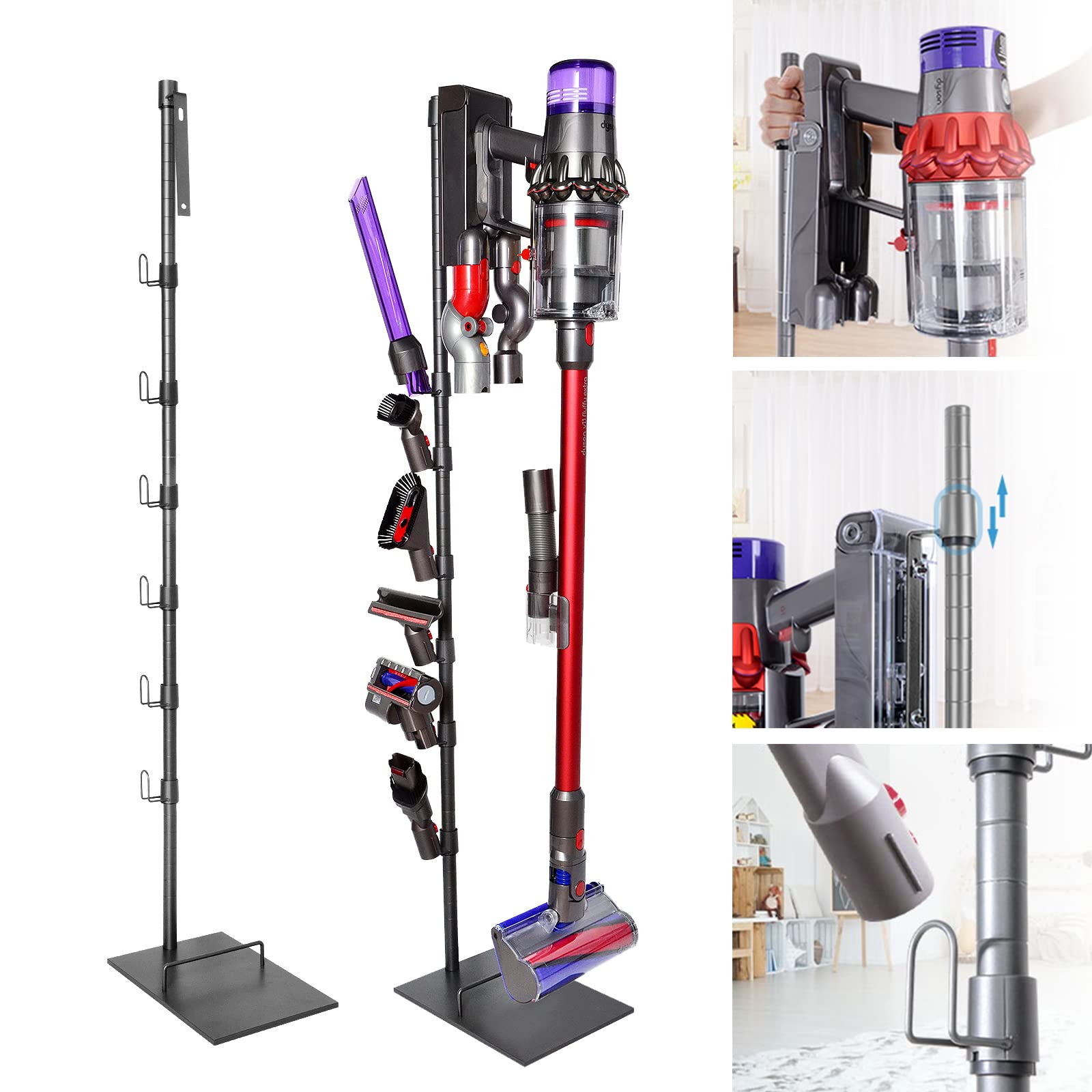 360Tronics Storage Stand Holder Fit for Dyson V15 Detect V11 V10 V8 V7 V6 Cordless Vacuum Cleaners and Accessary, Stable Floor Docking Station Full Metal Organizer Bracket with 6 Hooks (Silver Grey)