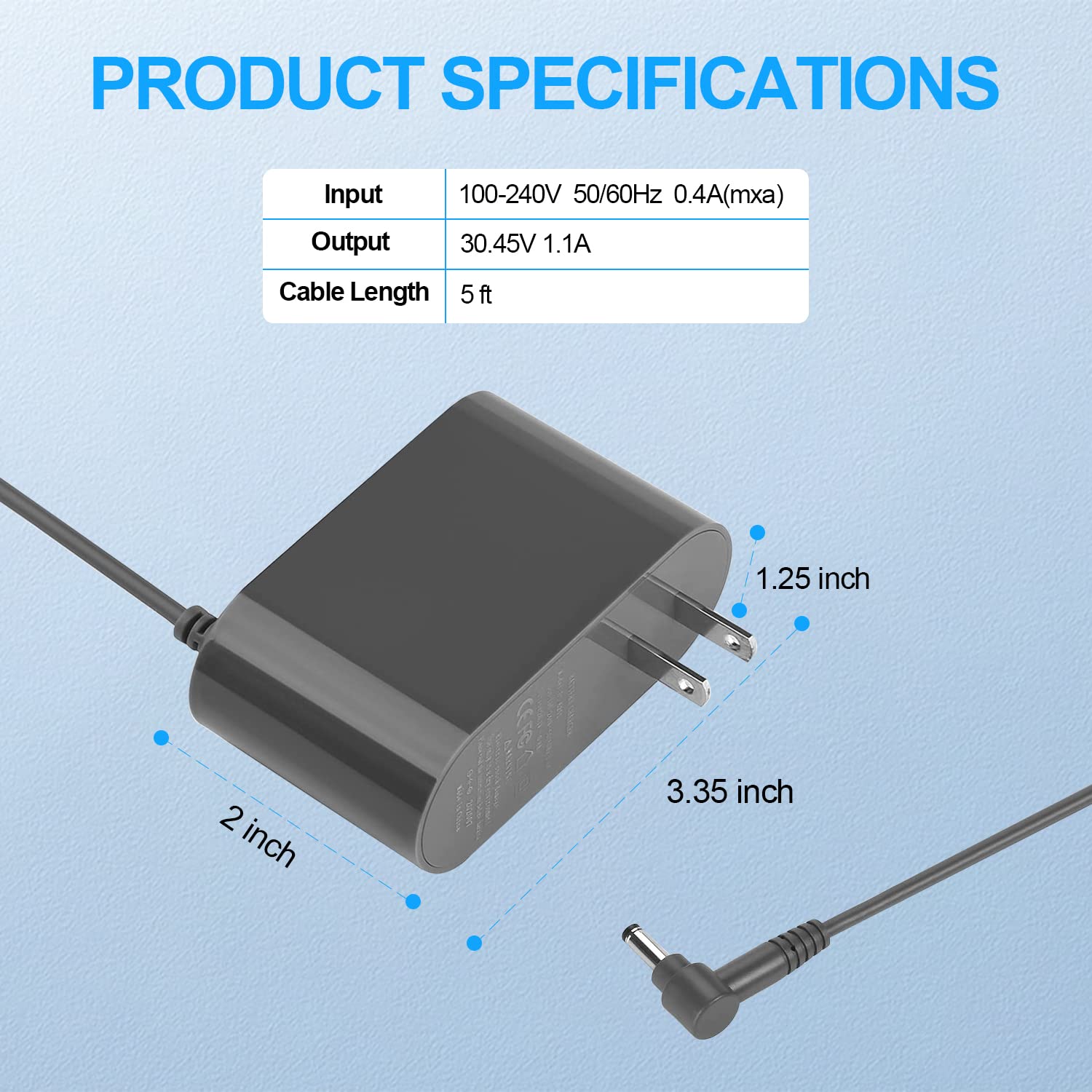 Charger for Dyson V10 V12 V15 SV12 SV22 Absolute Animal Motorhead Cordless Vacuum Cleaner 30.45V 1.1A Power Supply Adapter Charging Cord