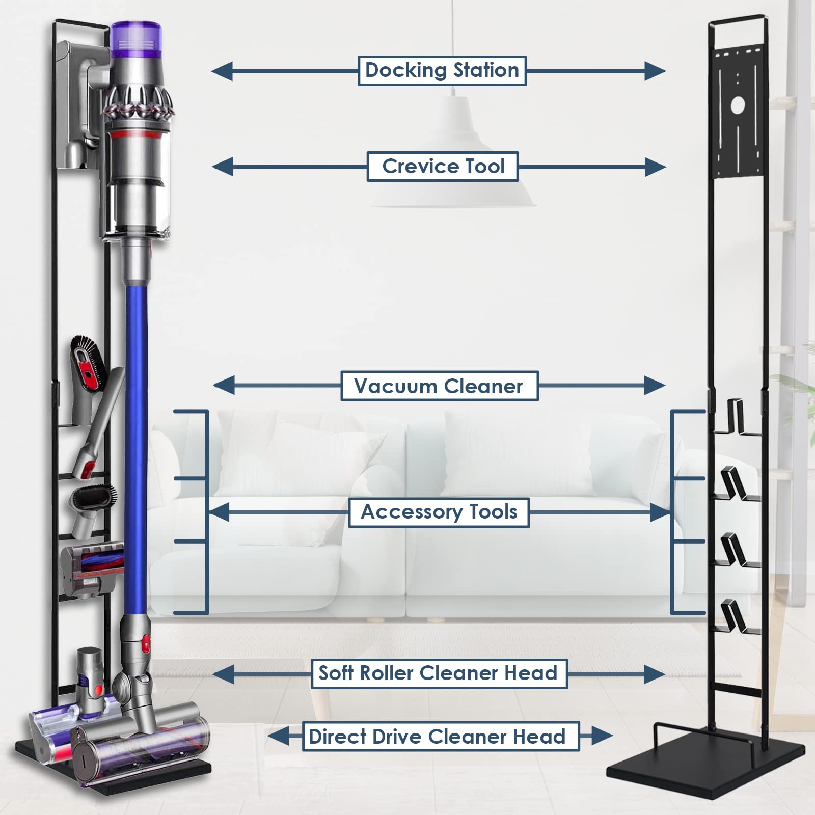 Lasvea Vacuum Stand for Dyson V6, V7, V8, V10, V11, V12, V15 Cordless Cleaners - Heavy Base Metal Bracket Holder with Trigger Lock, On/Off Control Clamp, Accessory & Attachment Storage