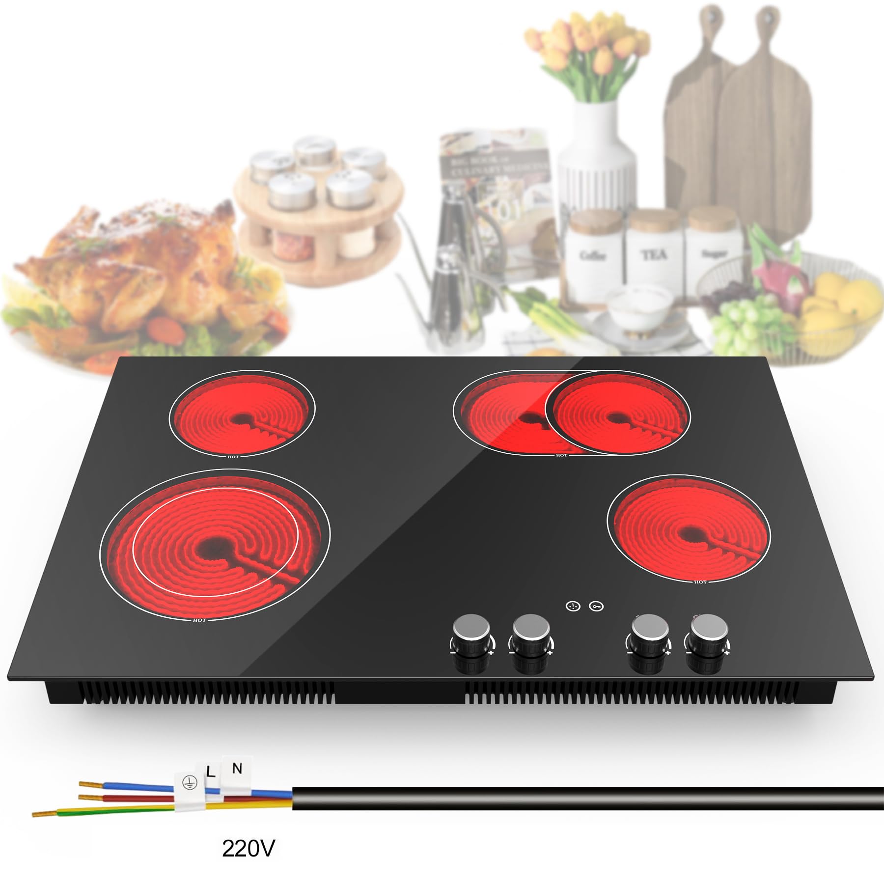 Electric Cooktop 30 Inch, Electric Stove 4 Burner Built-in Electric Cooktop,7200W Radiant Electric Cooktop Stove Itop,9 Power Levels,Timer,Knob Control,Kid Safety Lock,220-240V for Hard Wire(No Plug)