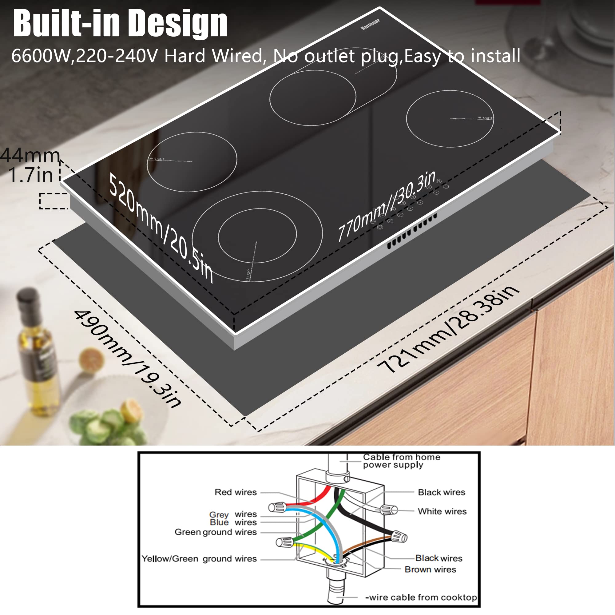 Karinear 30 Inch Electric Cooktop 4 Burners, Built-in Electric Stove top with Glass Protection Metal Frame, Expandable Burners, Multi-function Electric Ceramic Cooktop, 220-240v Hard Wire, No Plug