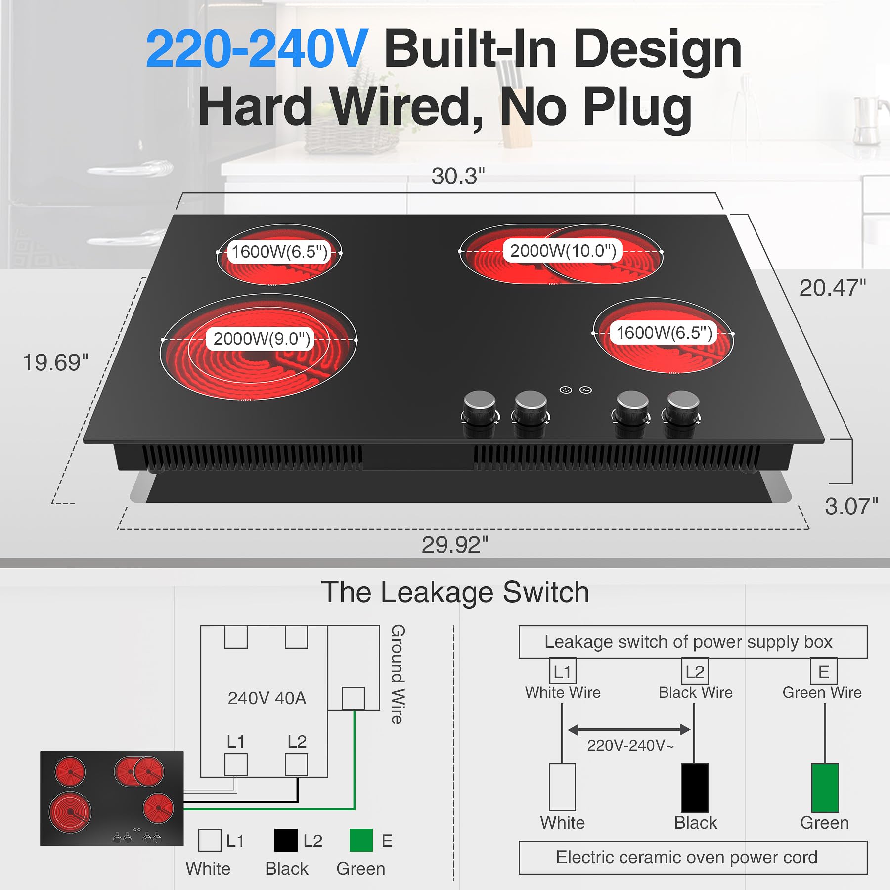 Electric Cooktop 30 Inch, Electric Stove 4 Burner Built-in Electric Cooktop,7200W Radiant Electric Cooktop Stove Itop,9 Power Levels,Timer,Knob Control,Kid Safety Lock,220-240V for Hard Wire(No Plug)