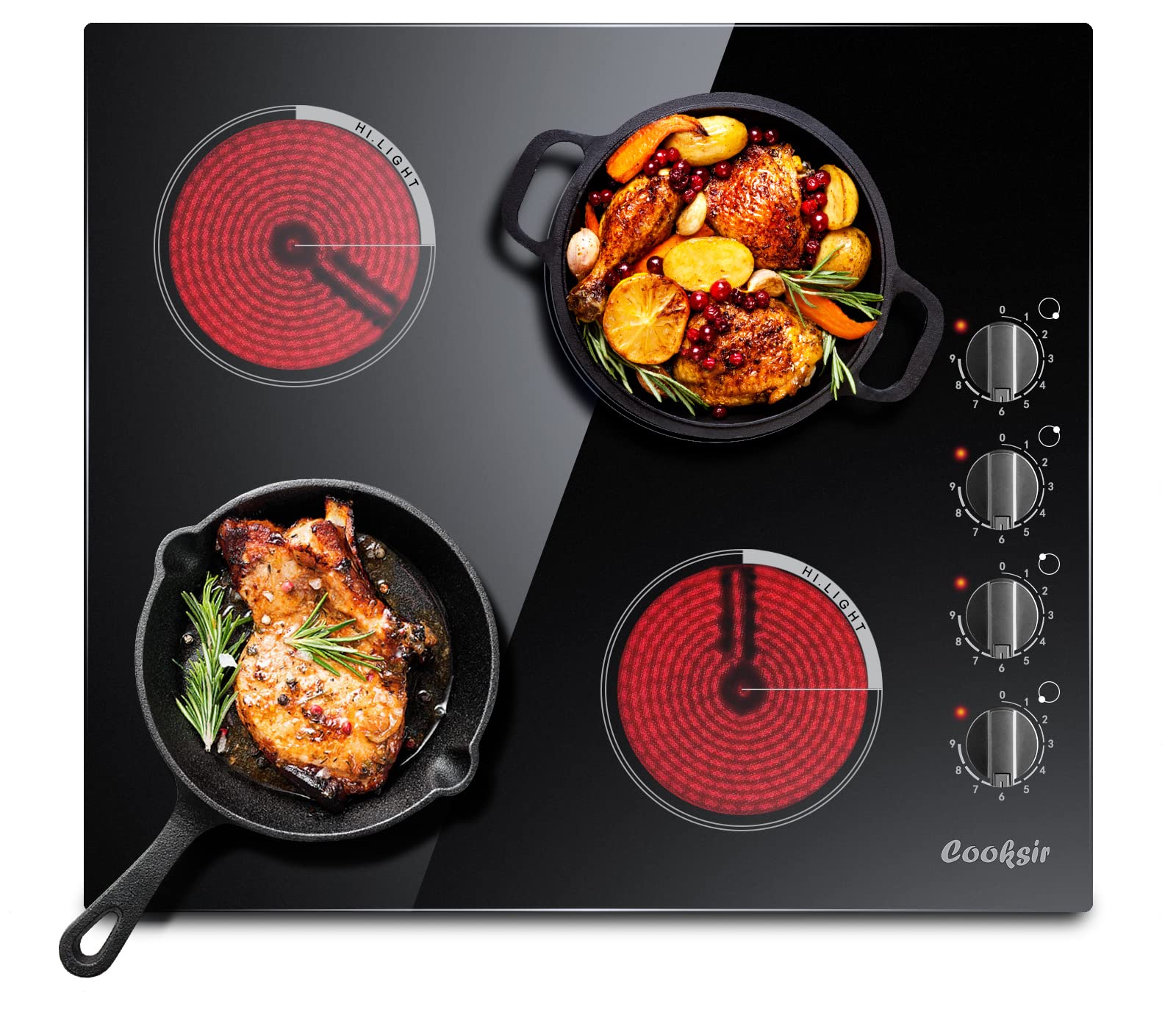 Cooksir Electric Cooktop 24 Inch, 4 Burner Electric Stove Top 6000W, Built-in Radiant Electric Stovetop with 9 Heating Level, Auto Shut Down Protection, Knob Control, 220-240V Hard Wired (No Plug)