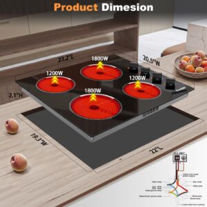 Cooksir Electric Cooktop 24 Inch, 4 Burner Electric Stove Top 6000W, Built-in Radiant Electric Stovetop with 9 Heating Level, Auto Shut Down Protection, Knob Control, 220-240V Hard Wired (No Plug)