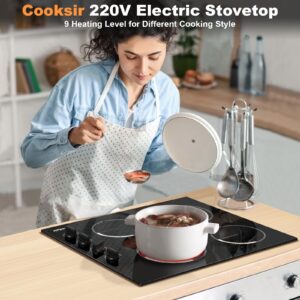 Cooksir Electric Cooktop 24 Inch, 4 Burner Electric Stove Top 6000W, Built-in Radiant Electric Stovetop with 9 Heating Level, Auto Shut Down Protection, Knob Control, 220-240V Hard Wired (No Plug)