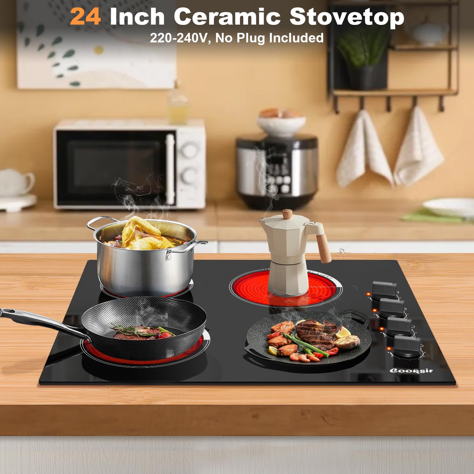 Cooksir Electric Cooktop 24 Inch, 4 Burner Electric Stove Top 6000W, Built-in Radiant Electric Stovetop with 9 Heating Level, Auto Shut Down Protection, Knob Control, 220-240V Hard Wired (No Plug)