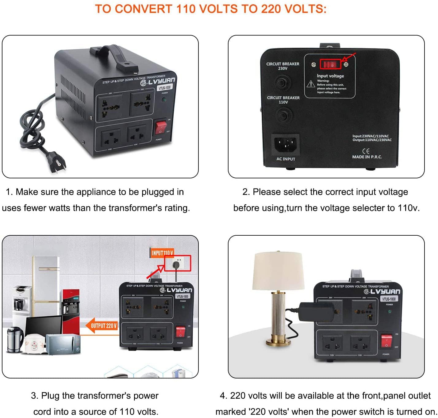 Cantonape Voltage Transformer Converter 1000 Watt Step Up/Down Convert from 110-120 Volt to 220-240 Volt and from 220-240 Volt to 110-120 Volt with 2 US Outlets, 2 Universal Outlets