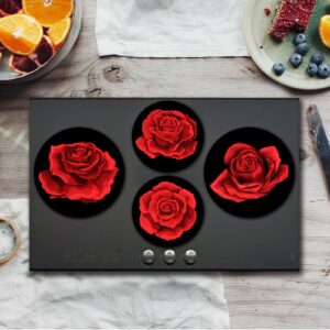 Red Rose Electric Stove Burner Covers，Set of 4 Round Stove Burner Covers，8 Inches and 10 Inches，Gas Stove Burner Covers,Metal Stove Burner Cover，Rose Bloom Cooktop Decorative，Home Decor,Kitchen Decor