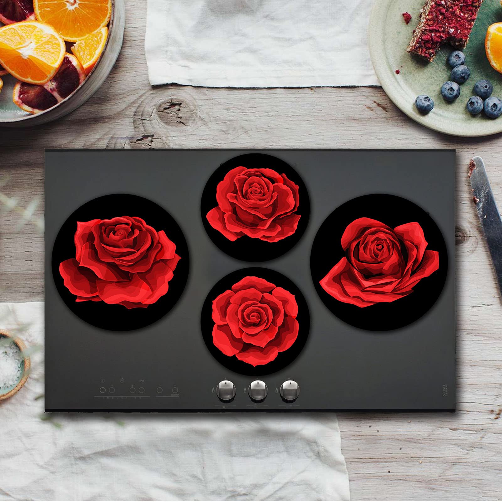 Red Rose Electric Stove Burner Covers，Set of 4 Round Stove Burner Covers，8 Inches and 10 Inches，Gas Stove Burner Covers,Metal Stove Burner Cover，Rose Bloom Cooktop Decorative，Home Decor,Kitchen Decor