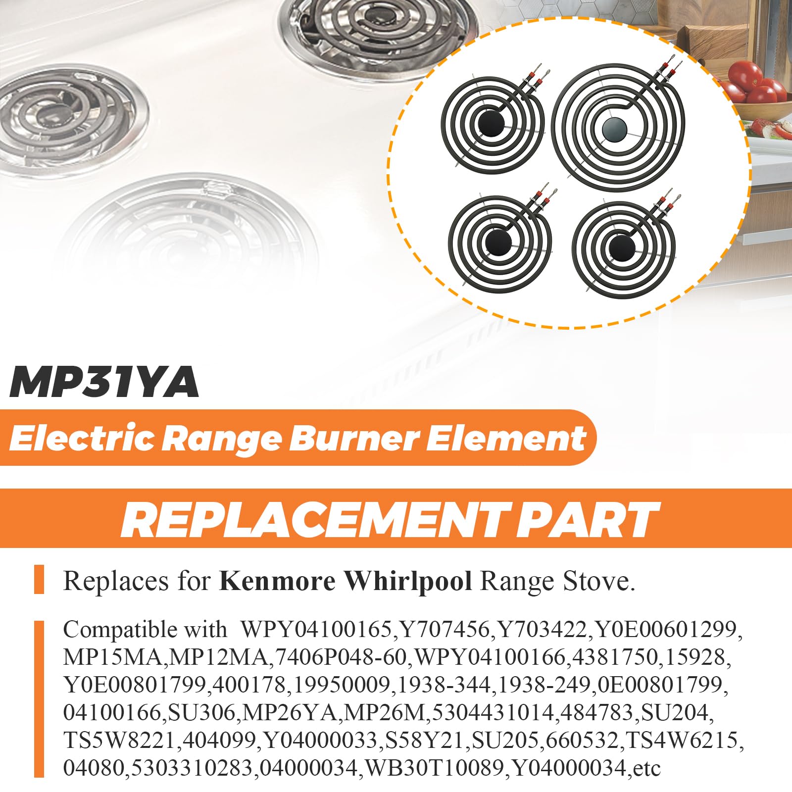 Beaquicy MP31YA Electric Range Burner Element - Replacement for Ken-more Whirlpool Range Stove - Package Include 3 pcs MP15YA 6" and 1 pcs MP21YA 8"