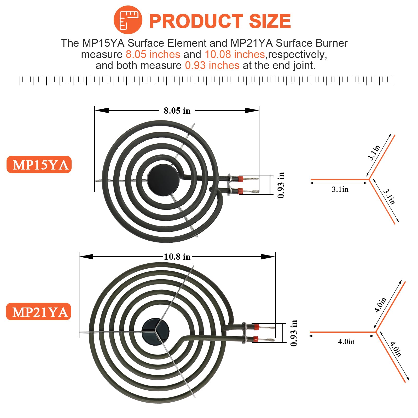 Beaquicy MP31YA Electric Range Burner Element - Replacement for Ken-more Whirlpool Range Stove - Package Include 3 pcs MP15YA 6" and 1 pcs MP21YA 8"