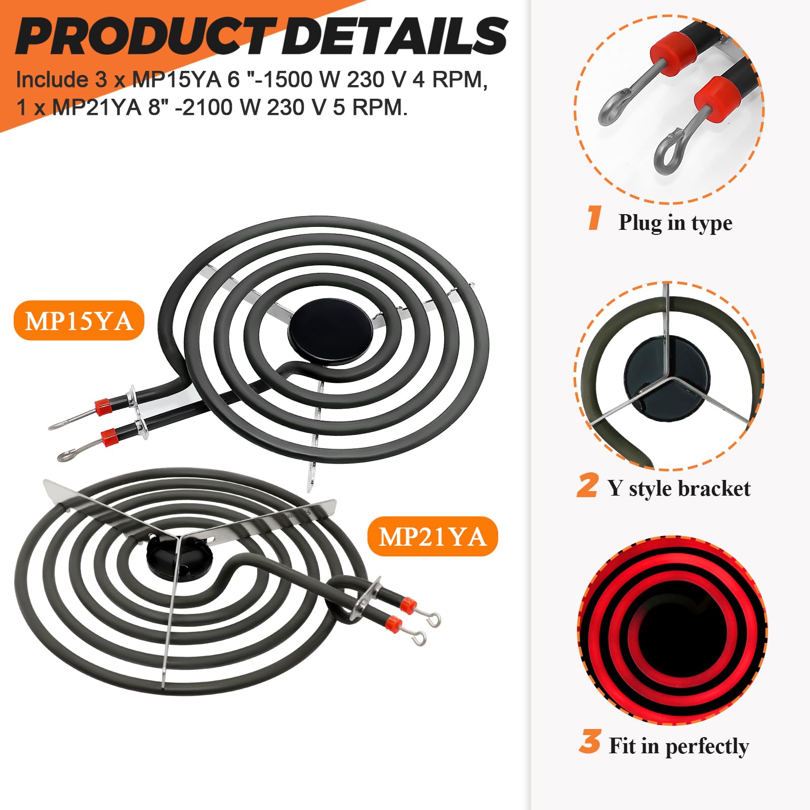 Beaquicy MP31YA Electric Range Burner Element - Replacement for Ken-more Whirlpool Range Stove - Package Include 3 pcs MP15YA 6" and 1 pcs MP21YA 8"