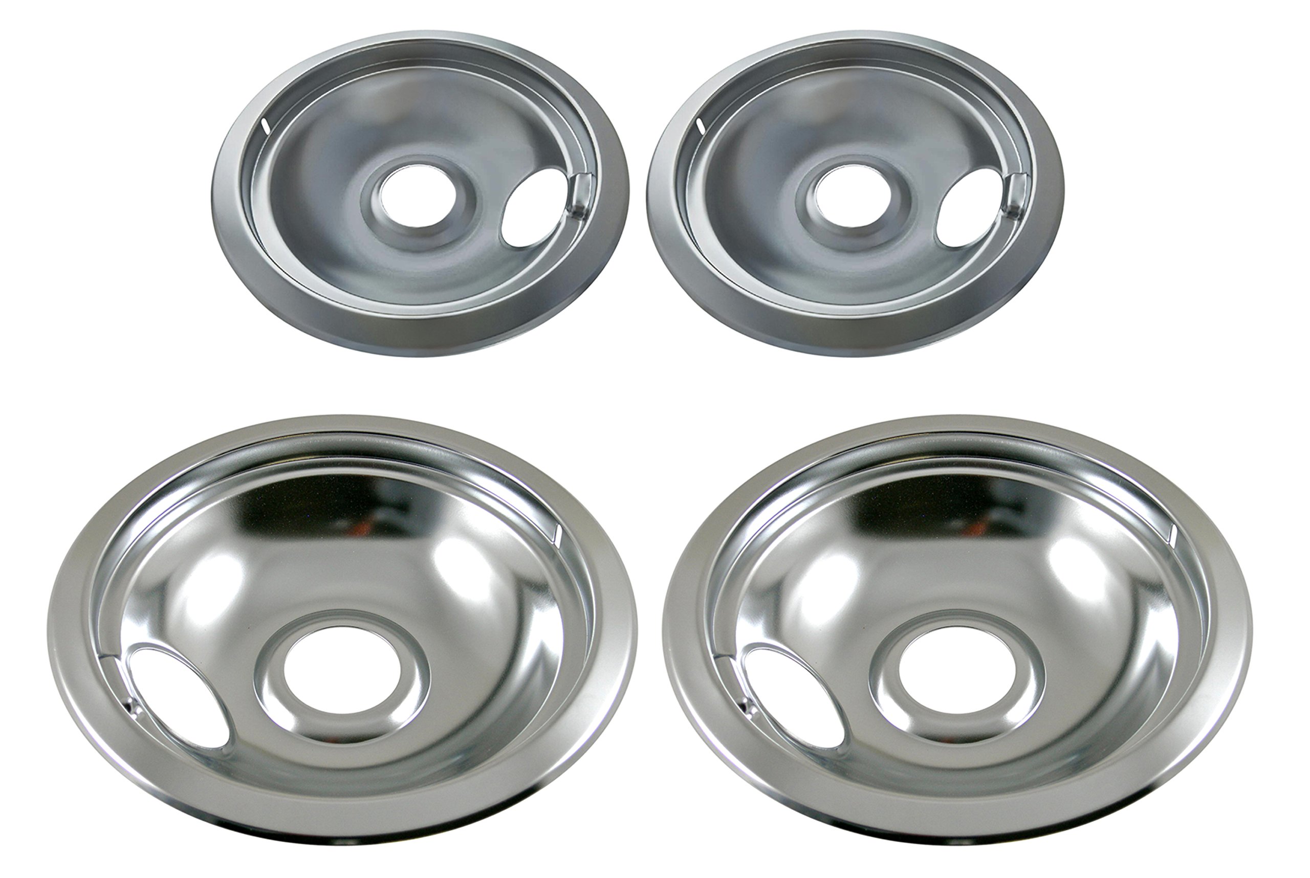 KITCHEN BASICS 101 Made in the USA 316048413 & 316048414 Range Burner Chrome Drip Pans Replacement for Frigidaire Kenmore Electric Stove w/Locking Slots, 2 Small 6-Inch & 2 Large 8-Inch Pans, 4 Pack