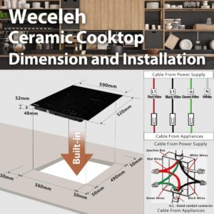 Weceleh 24 Inch Electric Cooktop, Built-in 6600W Glass Ceramic Cooktops, 4 Burners Electric Stove Top with Expandable Zone, 9 Heating Levels, Child Lock, Slider-Touch Control, 220-240V (No Plug)