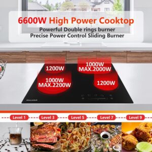 Weceleh 24 Inch Electric Cooktop, Built-in 6600W Glass Ceramic Cooktops, 4 Burners Electric Stove Top with Expandable Zone, 9 Heating Levels, Child Lock, Slider-Touch Control, 220-240V (No Plug)