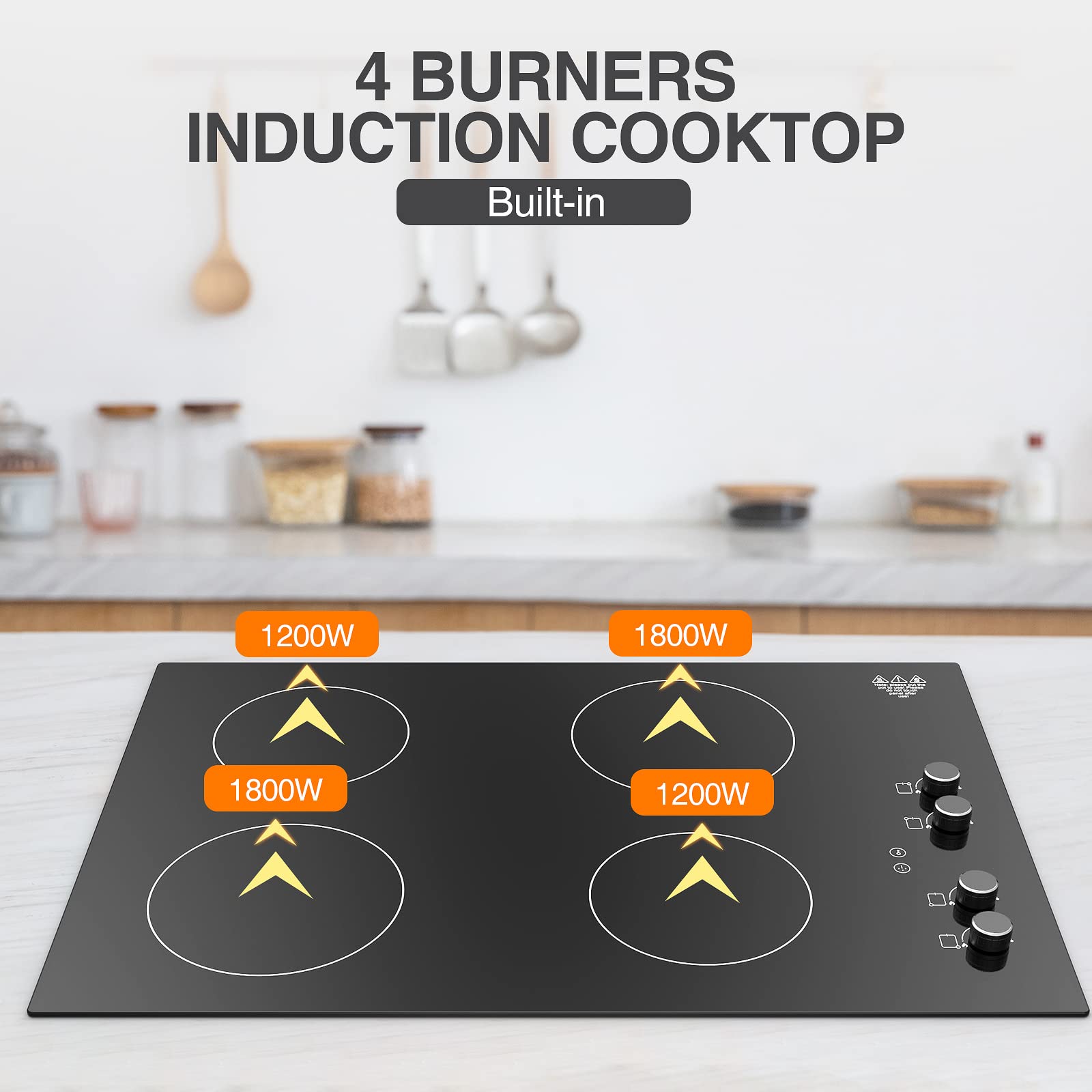 Induction Cooktop 30 Inch, 6000W Electric Stove Top 4 Burners Induction Burner Countertop and Built-in POTFYA,220v-240v Knob Control,Ceramic Glass Surface, Suitable for Magnetic Pans