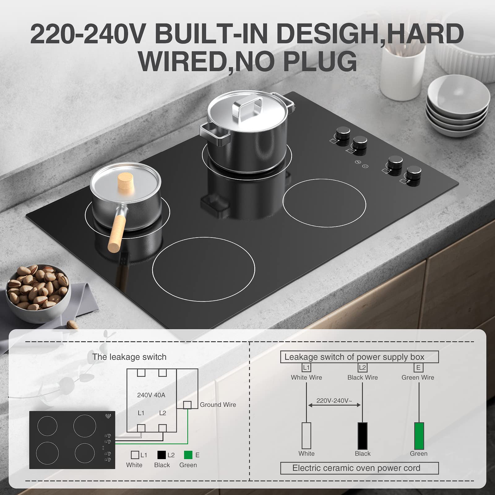 Induction Cooktop 30 Inch, 6000W Electric Stove Top 4 Burners Induction Burner Countertop and Built-in POTFYA,220v-240v Knob Control,Ceramic Glass Surface, Suitable for Magnetic Pans