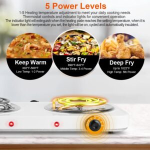 Moclever 2000W Electric Double Burner Portable Coil Heating Hot Plate Stove Countertop RV Hotplate Electric Cooktop w/Non Slip Rubber Feet 5 Temperature Adjustments, White