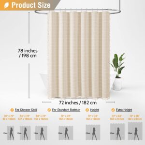 BTTN 78 Inch Long Shower Curtain - Boho Farmhouse Linen Ultra Thick Fabric Shower Curtain Set with Plastic Hooks, Tall Rustic Modern Country Neutral Shower Curtains for Bathroom - Cream/Beige - 72x78